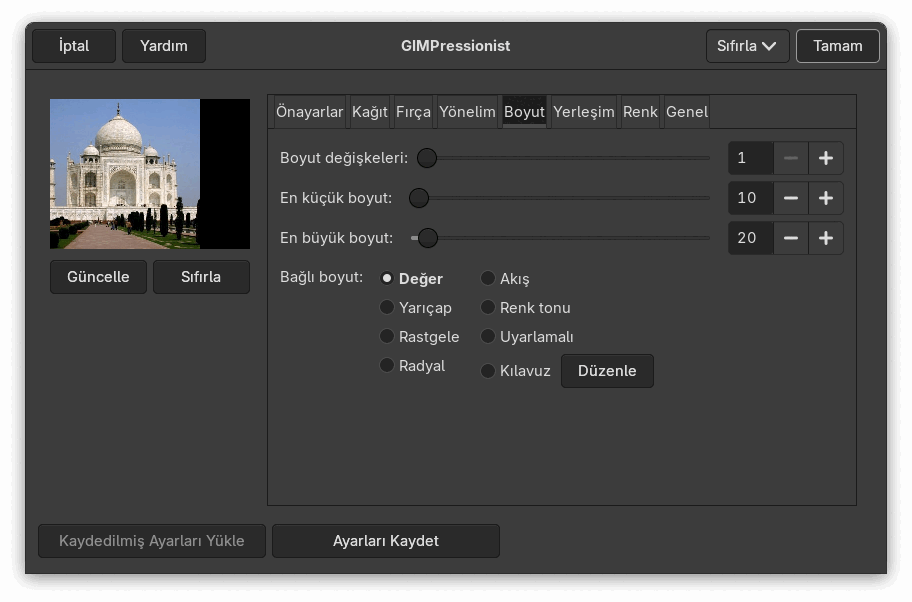 “Boyut” sekmesi seçenekleri