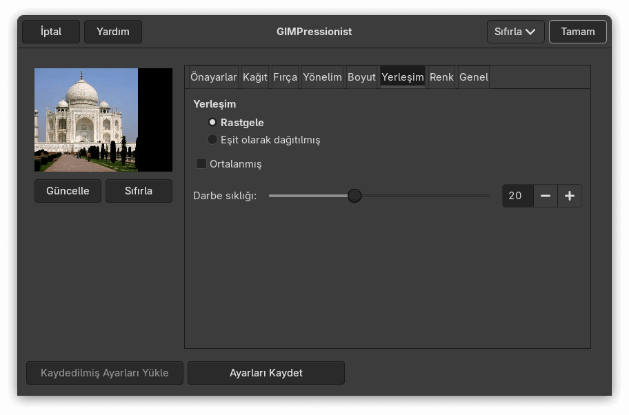 “Yerleşim” sekmesi seçenekleri
