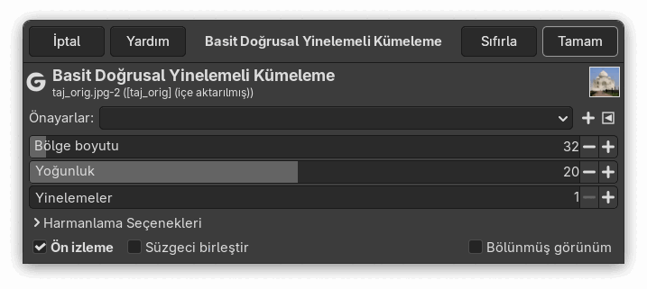 “Basit Doğrusal Yinelemeli Kümeleme” süzgeci seçenekleri