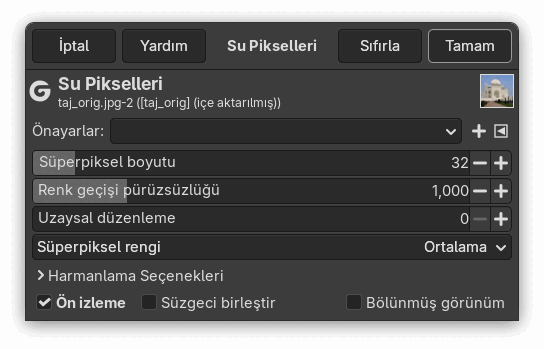 “Su Pikselleri” seçenekleri