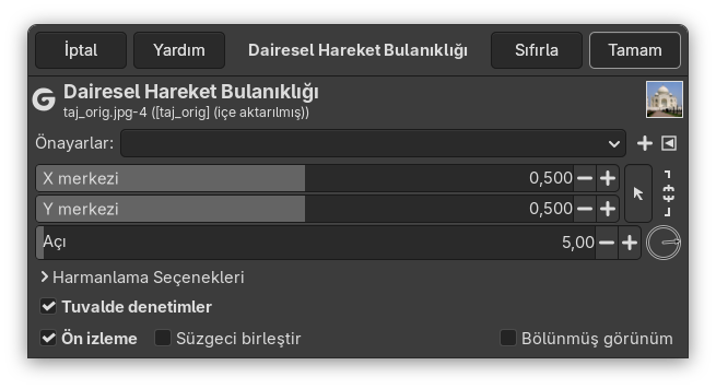 “Dairesel Hareket Bulanıklığı” süzgeci seçenekleri