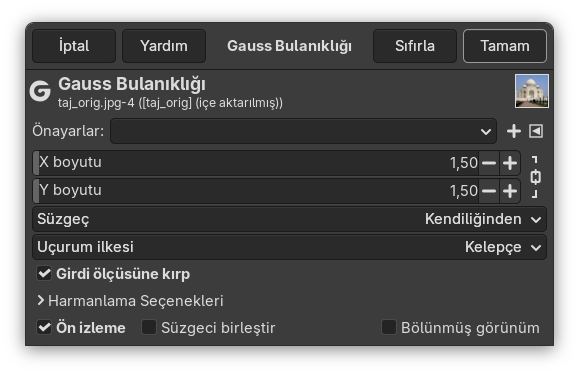 “Gauss Bulanıklığı” süzgeci seçenekleri