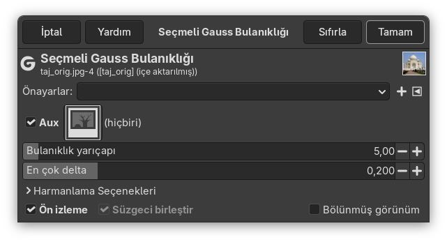 “Seçmeli Gauss Bulanıklığı” süzgeci seçenekleri