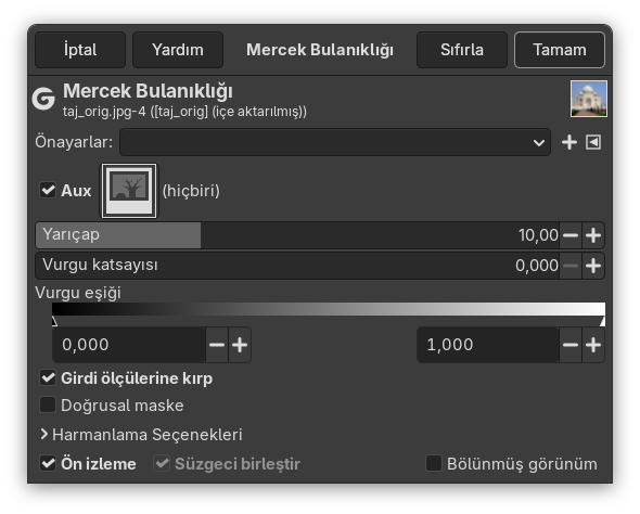 “Mercek Bulanıklığı” süzgeci seçenekleri