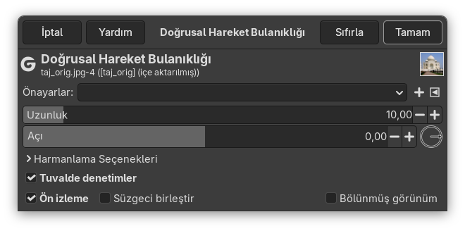 “Doğrusal Hareket Bulanıklığı” süzgeci seçenekleri