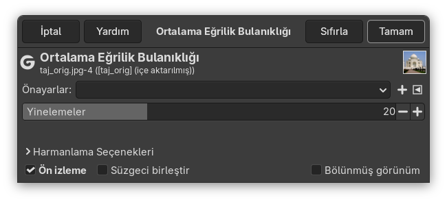 “Ortalama Eğrilik Bulanıklığı” süzgeci seçenekleri