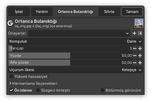 “Ortanca Bulanıklığı” süzgeci seçenekleri