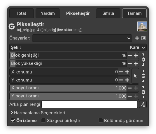 “Pikselleştir” süzgeci seçenekleri