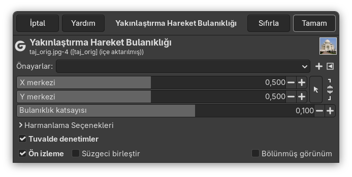“Yakınlaştırma Hareket Bulanıklığı” süzgeci seçenekleri
