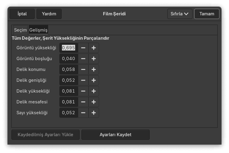 “Film Şeridi” süzgeci seçenekleri (Gelişmiş)