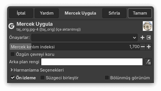 “Mercek Uygula” süzgeci seçenekleri