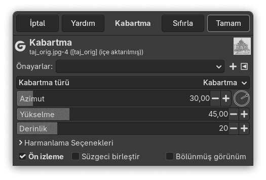 “Kabartma” süzgeci seçenekleri