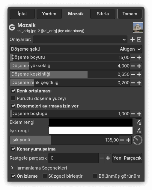“Mozaik” süzgeci seçenekleri