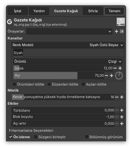 “Gazete Kağıdı” süzgeci seçenekleri