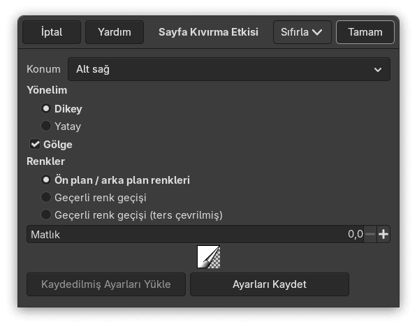 “Sayfa Kıvırma” süzgeci seçenekleri
