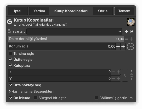 “Kutup Koordinatları” süzgeci seçenekleri