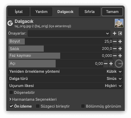 “Dalgacık” süzgeci seçenekleri