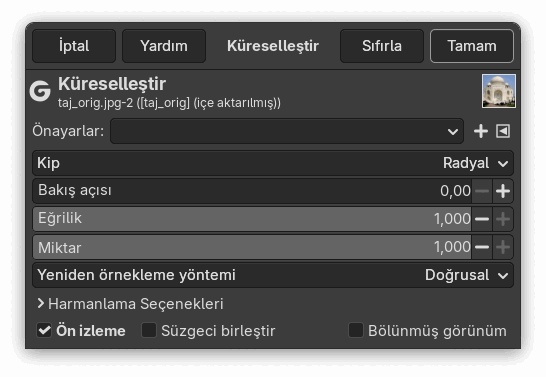 “Küreselleştir” süzgeci seçenekleri