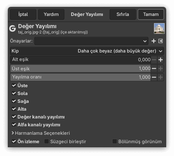 “Değer Yayılımı” süzgeci seçenekleri