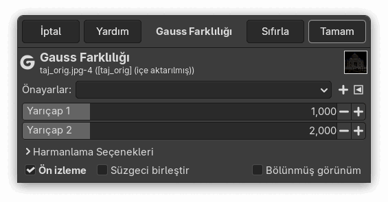 “Gauss Farklılığı” süzgeci seçenekleri