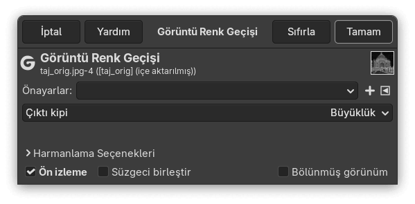 “Görüntü Renk Geçişi” süzgeci seçenekleri