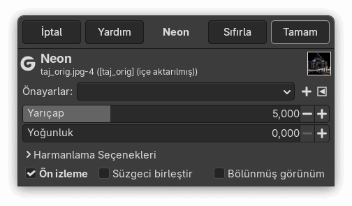 “Neon” süzgeci seçenekleri