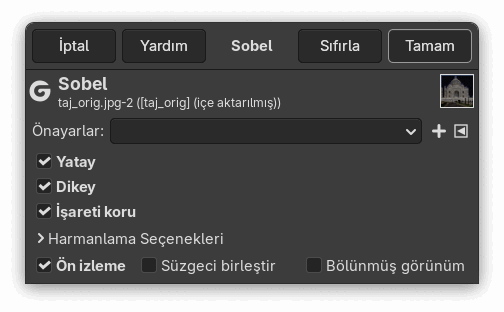 “Sobel” süzgeci seçenekleri