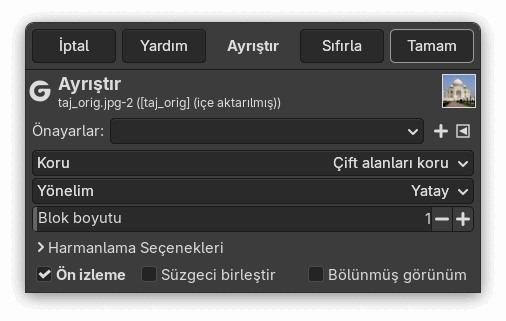 Ayrıştır süzgeci seçenekleri