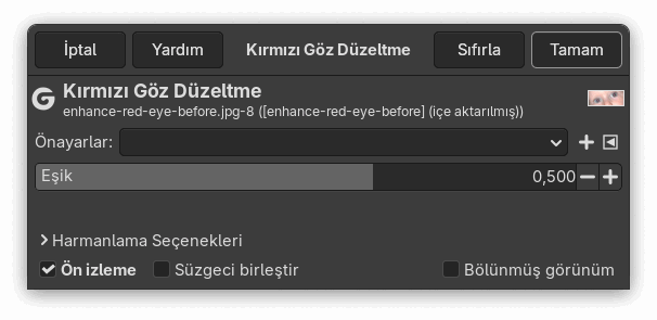 “Kırmızı Göz Düzeltme” seçenekleri
