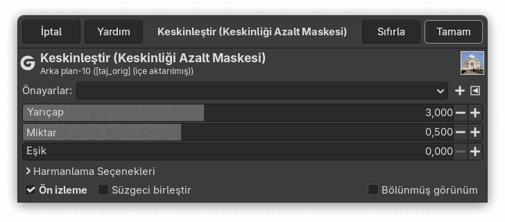 “Keskinleştir” süzgeci seçenekleri