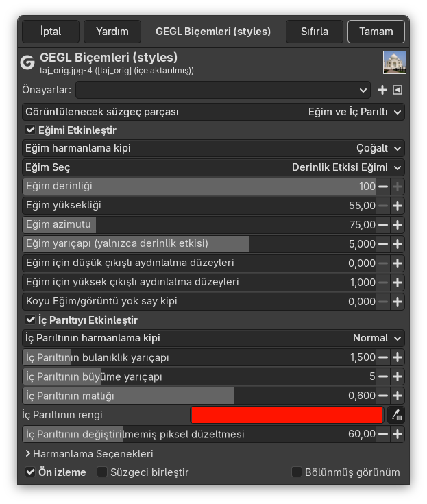 “Eğim ve İç Parıltı” süzgeci seçenekleri