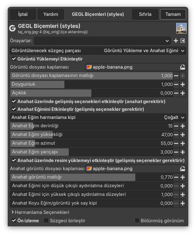 “Görüntü yükleme ve Anahat Eğimi” süzgeç seçenekleri