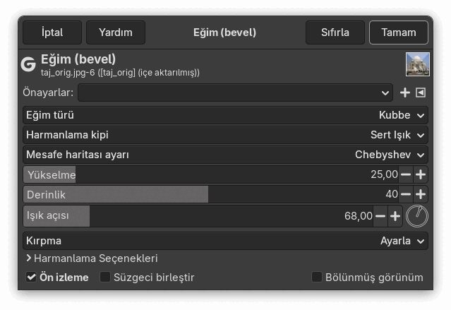 “Eğim” süzgeci seçenekleri