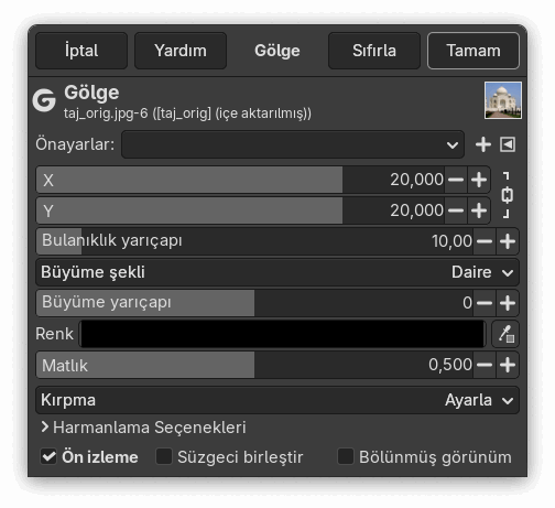 “Gölge” süzgeci seçenekleri