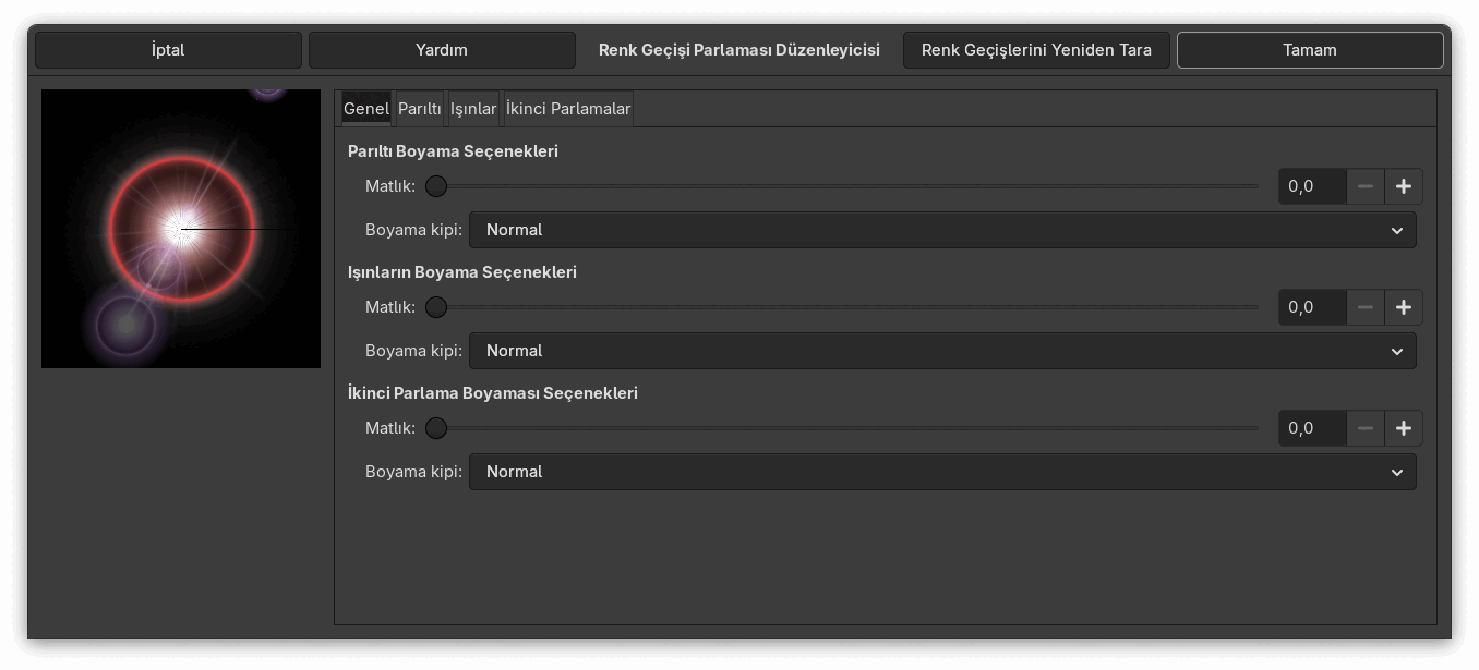 “Renk Geçişi Parlaması Düzenleyicisi” seçenekleri (Genel)