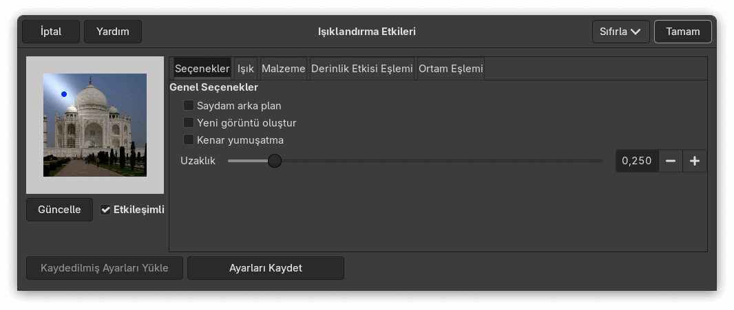 “Işıklandırma Etkileri” süzgeci seçenekleri