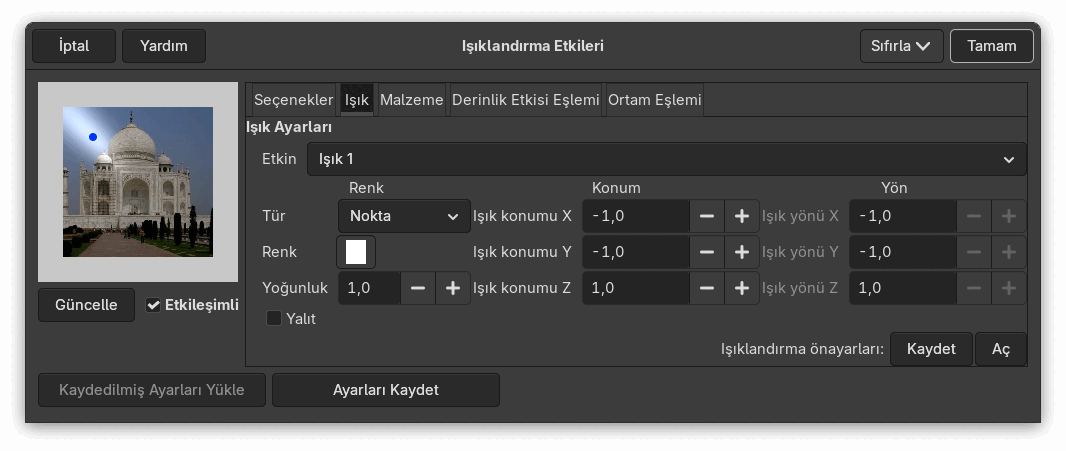 “Işıklandırma Etkileri” süzgeci seçenekleri (Işık Ayarları)