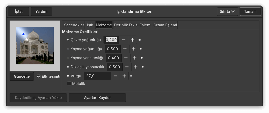 “Işıklandırma Etkileri” süzgeci seçenekleri (Malzeme Özellikleri)