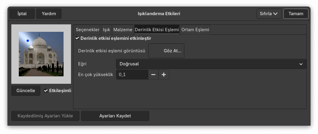 “Işıklandırma Etkileri” süzgeci seçenekleri (Derinlik Etkisi Eşlemi)