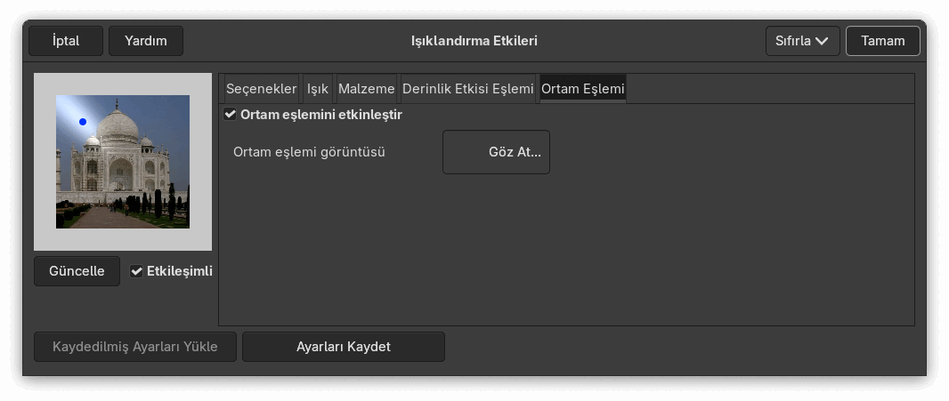 “Işıklandırma Etkileri” süzgeci seçenekleri (Ortam Eşlemi)