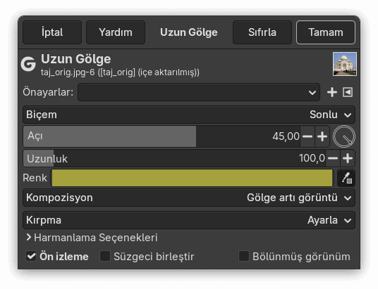 “Uzun Gölge” süzgeci seçenekleri