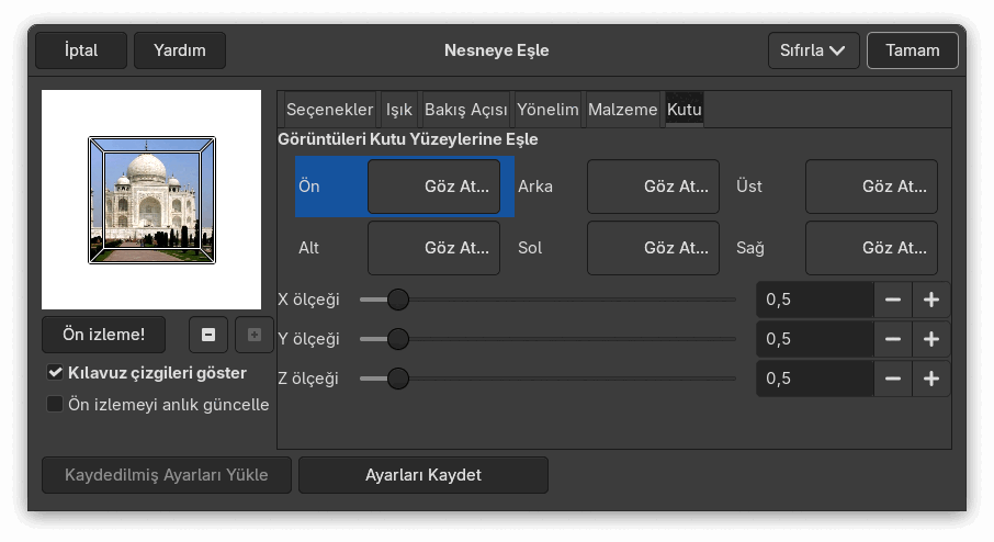“Nesneye Eşle” seçenekleri (Kutu)