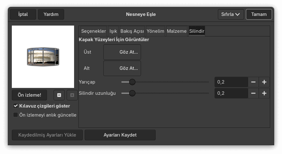 “Nesneye Eşle” seçenekleri (Silindir)