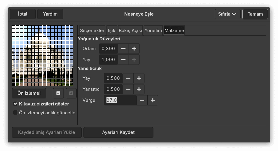 “Nesneye Eşle” seçenekleri (Malzeme)