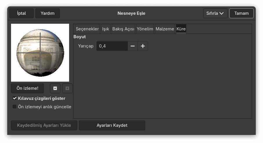 “Nesneye Eşle” seçenekleri (Küre)