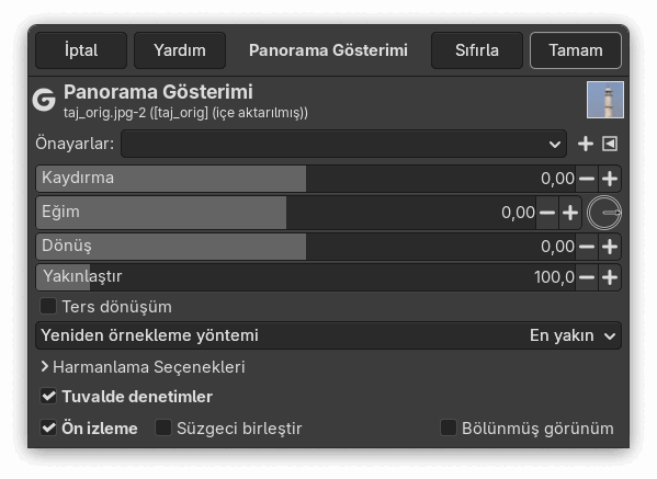“Panorama Gösterimi” süzgeci seçenekleri