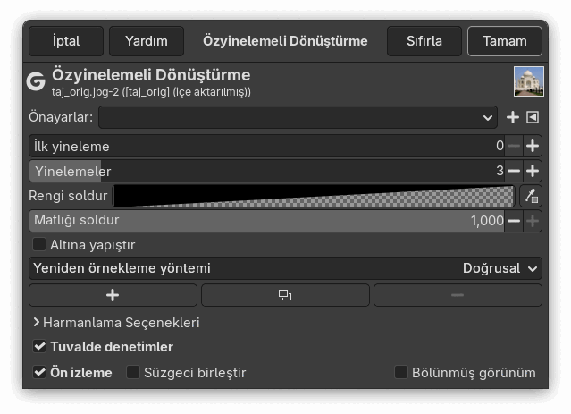 “Özyinelemeli Dönüştürme” süzgeci seçenekleri