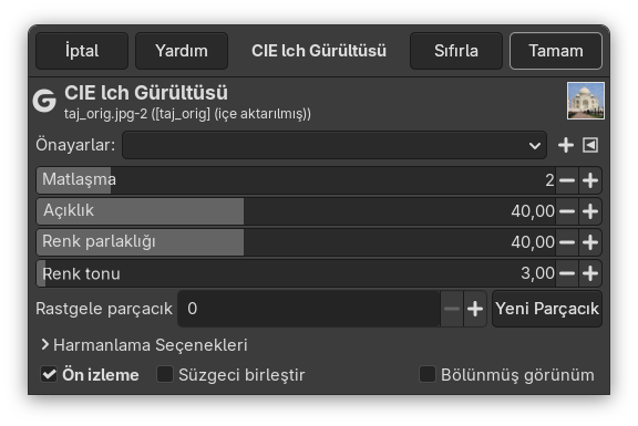 “CIE lch Gürültüsü” süzgeci seçenekleri