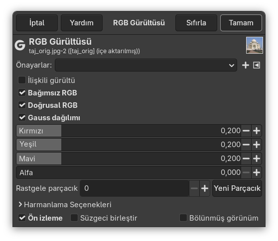 “RGB Gürültüsü” süzgeci seçenekleri