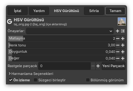 “HSV Gürültüsü” süzgeci seçenekleri